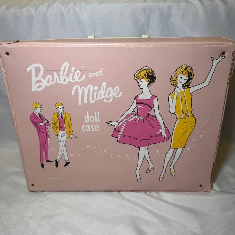 Vintage 1963 Mattel Barbie and Midge Pink Vinyl Double Doll Case Trunk 5092-0500